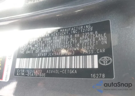 2010 Toyota Camry Xle from USA, damaged, VIN 4T4BF3EK9AR078243